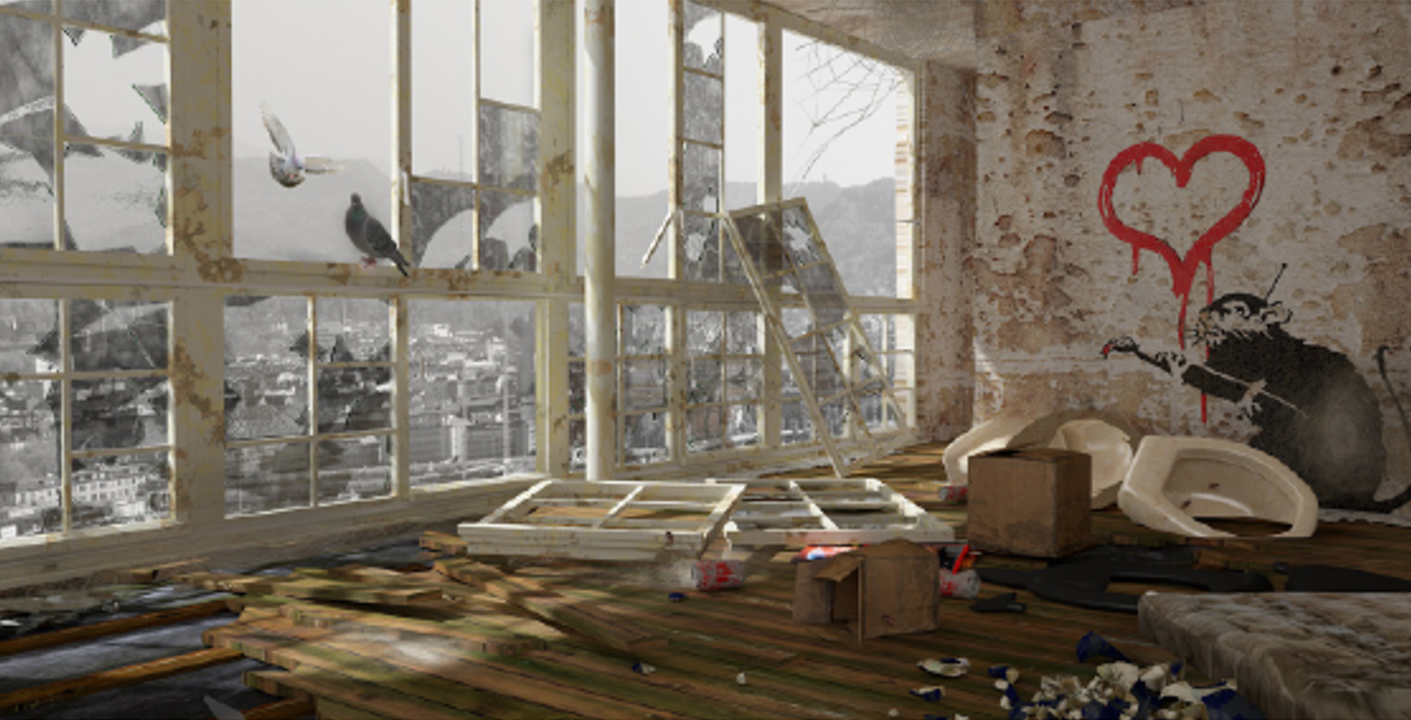 Fotorealistisches Rendering: verfallener Dachraum mit zerbrochenen Fenstern und Graffiti