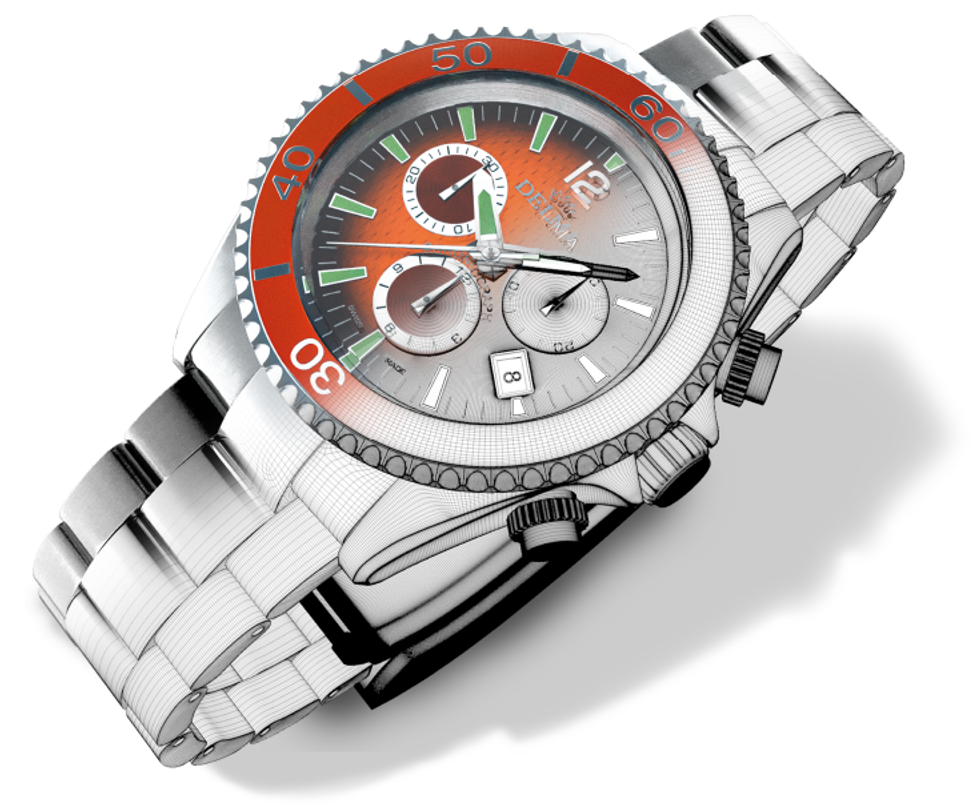 3D-Visualisierung einer Taucheruhr mit orangem Zifferblatt und Metallarmband