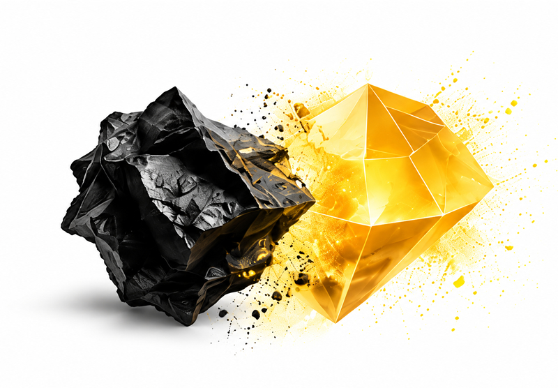 Schwarzer Rohstein, der zu einem gelben Diamanten wird